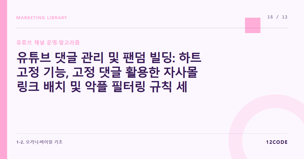 12code 라이브러리 아티클 표지. 유튜브 댓글 관리 및 팬덤 빌딩: 하트 고정 기능, 고정 댓글 활용한 자사몰 링크 배치 및 악플 필터링 규칙 세팅