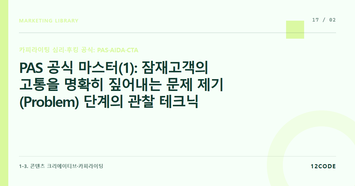 12code 라이브러리 아티클 표지. PAS 공식 마스터(1): 잠재고객의 고통을 명확히 짚어내는 문제 제기(Problem) 단계의 관찰 테크닉