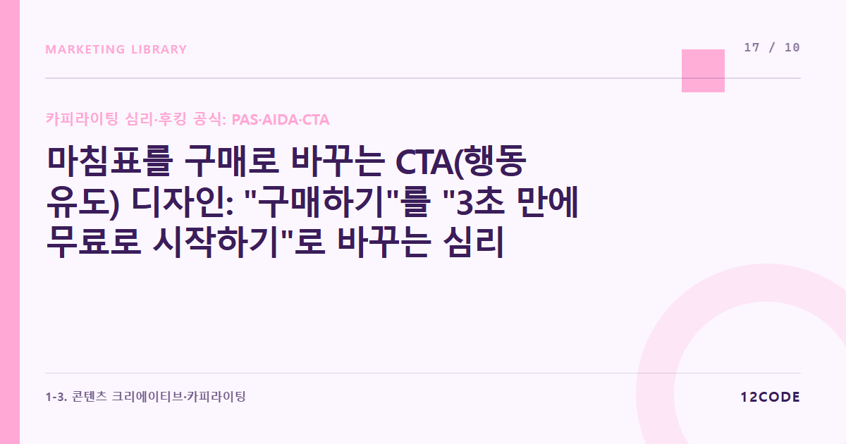 12code 라이브러리 아티클 표지. 마침표를 구매로 바꾸는 CTA(행동 유도) 디자인: "구매하기"를 "3초 만에 무료로 시작하기"로 바꾸는 심리 유도