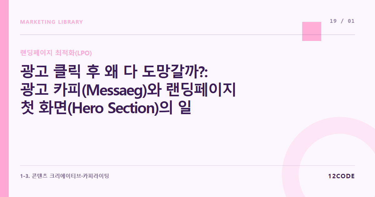 12code 라이브러리 아티클 표지. 광고 클릭 후 왜 다 도망갈까?: 광고 카피(Messaeg)와 랜딩페이지 첫 화면(Hero Section)의 일치성 점검