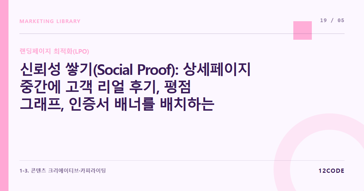 12code 라이브러리 아티클 표지. 신뢰성 쌓기(Social Proof): 상세페이지 중간에 고객 리얼 후기, 평점 그래프, 인증서 배너를 배치하는 최적의 타이밍