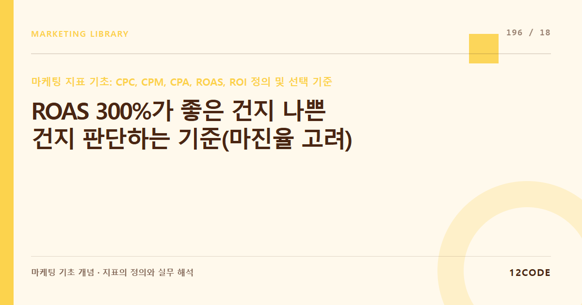 12code 라이브러리 아티클 표지. ROAS 300%가 좋은 건지 나쁜 건지 판단하는 기준(마진율 고려)