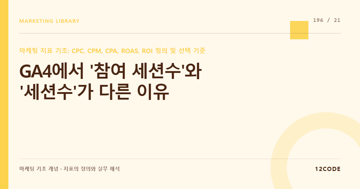 12code 라이브러리 아티클 표지. GA4에서 '참여 세션수'와 '세션수'가 다른 이유