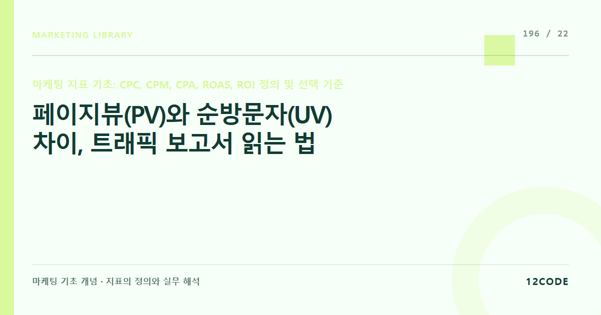 12code 라이브러리 아티클 표지. 페이지뷰(PV)와 순방문자(UV) 차이, 트래픽 보고서 읽는 법
