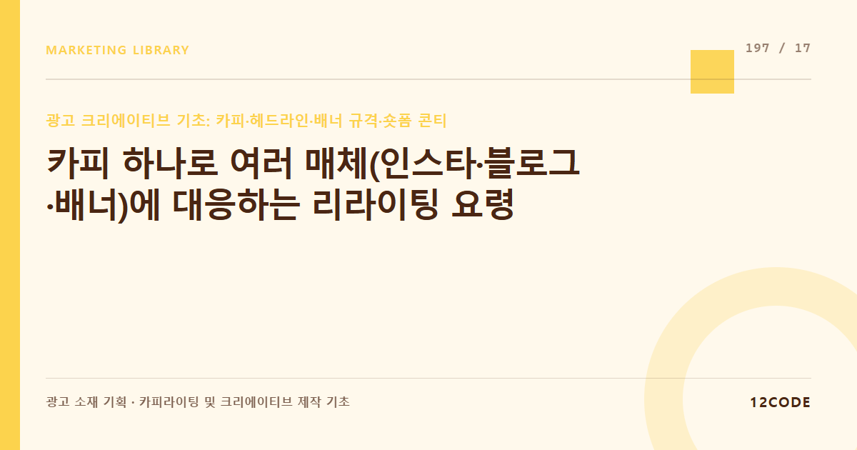 12code 라이브러리 아티클 표지. 카피 하나로 여러 매체(인스타·블로그·배너)에 대응하는 리라이팅 요령