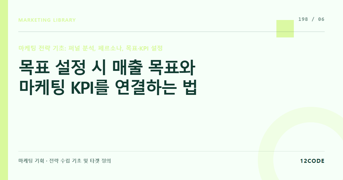 12code 라이브러리 아티클 표지. 목표 설정 시 매출 목표와 마케팅 KPI를 연결하는 법