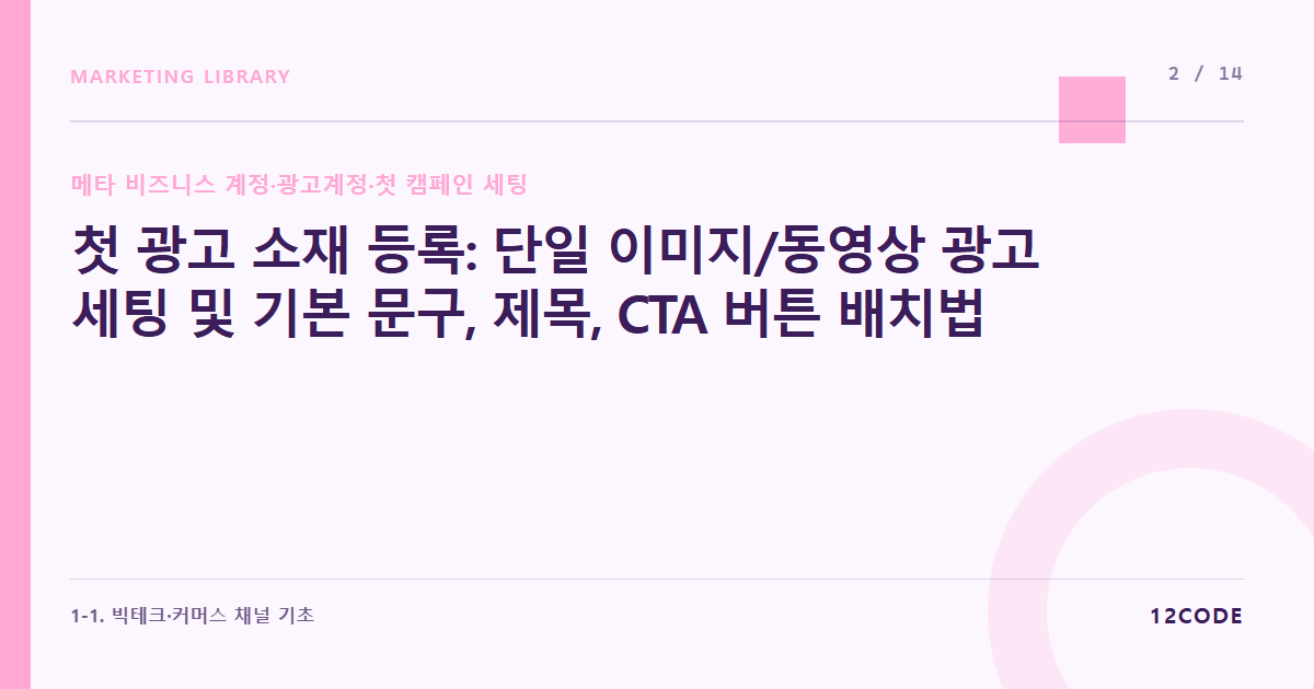 12code 라이브러리 아티클 표지. 첫 광고 소재 등록: 단일 이미지/동영상 광고 세팅 및 기본 문구, 제목, CTA 버튼 배치법