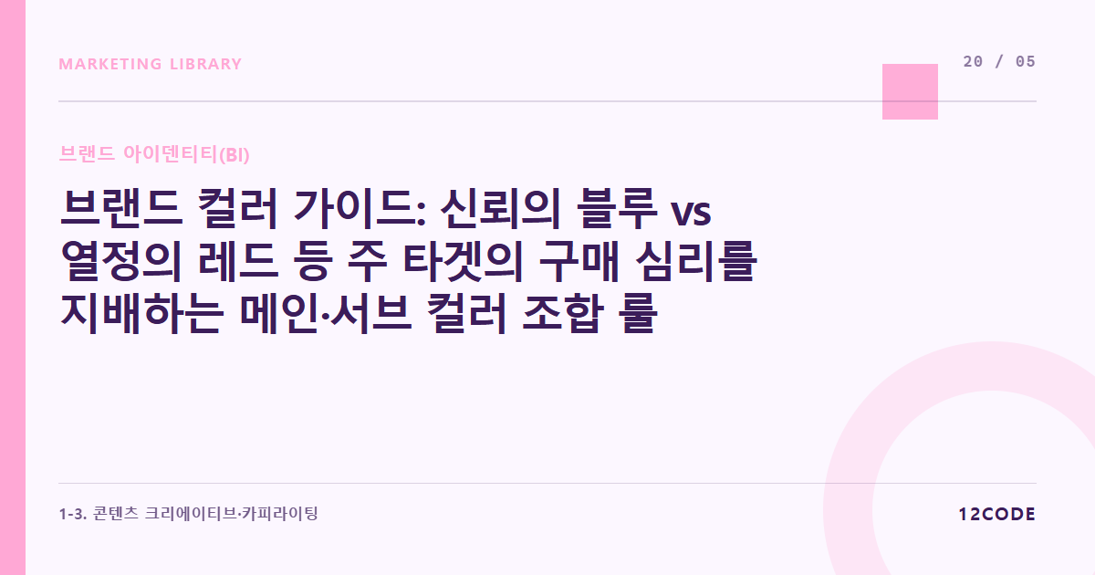 12code 라이브러리 아티클 표지. 브랜드 컬러 가이드: 신뢰의 블루 vs 열정의 레드 등 주 타겟의 구매 심리를 지배하는 메인·서브 컬러 조합 룰