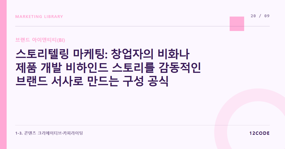 12code 라이브러리 아티클 표지. 스토리텔링 마케팅: 창업자의 비화나 제품 개발 비하인드 스토리를 감동적인 브랜드 서사로 만드는 구성 공식