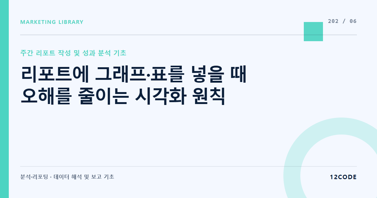 12code 라이브러리 아티클 표지. 리포트에 그래프·표를 넣을 때 오해를 줄이는 시각화 원칙