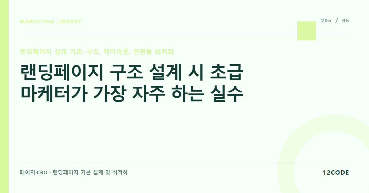 12code 라이브러리 아티클 표지. 랜딩페이지 구조 설계 시 초급 마케터가 가장 자주 하는 실수