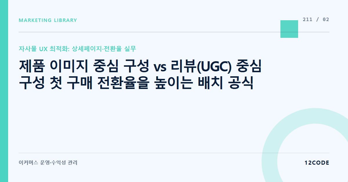 12code 라이브러리 아티클 표지. 제품 이미지 중심 구성 vs 리뷰(UGC) 중심 구성 첫 구매 전환율을 높이는 배치 공식