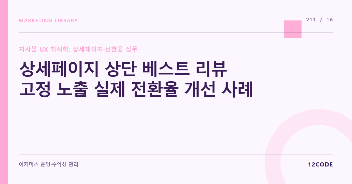12code 라이브러리 아티클 표지. 상세페이지 상단 베스트 리뷰 고정 노출 실제 전환율 개선 사례