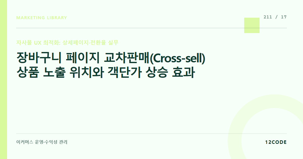 12code 라이브러리 아티클 표지. 장바구니 페이지 교차판매(Cross-sell) 상품 노출 위치와 객단가 상승 효과