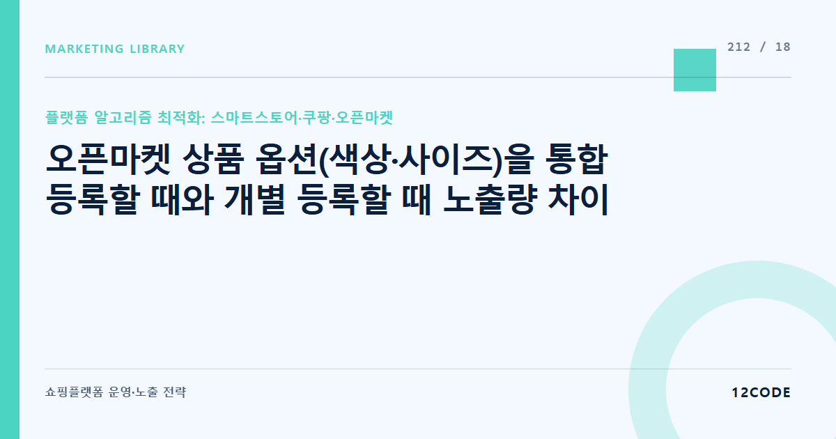 12code 라이브러리 아티클 표지. 오픈마켓 상품 옵션(색상·사이즈)을 통합 등록할 때와 개별 등록할 때 노출량 차이