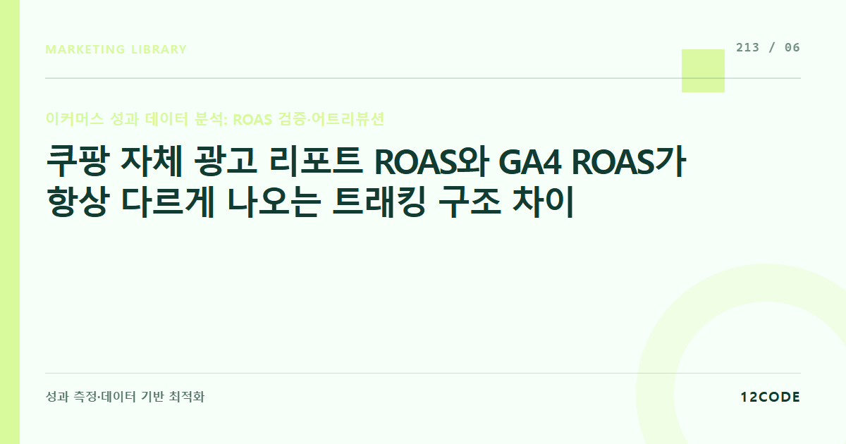 12code 라이브러리 아티클 표지. 쿠팡 자체 광고 리포트 ROAS와 GA4 ROAS가 항상 다르게 나오는 트래킹 구조 차이