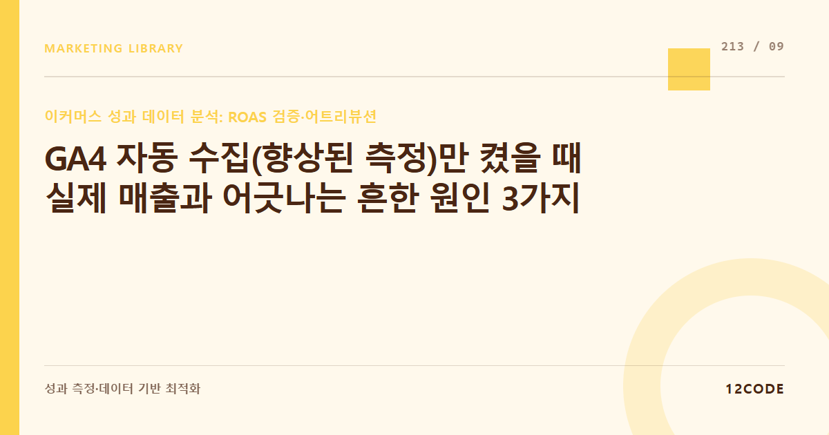 12code 라이브러리 아티클 표지. GA4 자동 수집(향상된 측정)만 켰을 때 실제 매출과 어긋나는 흔한 원인 3가지
