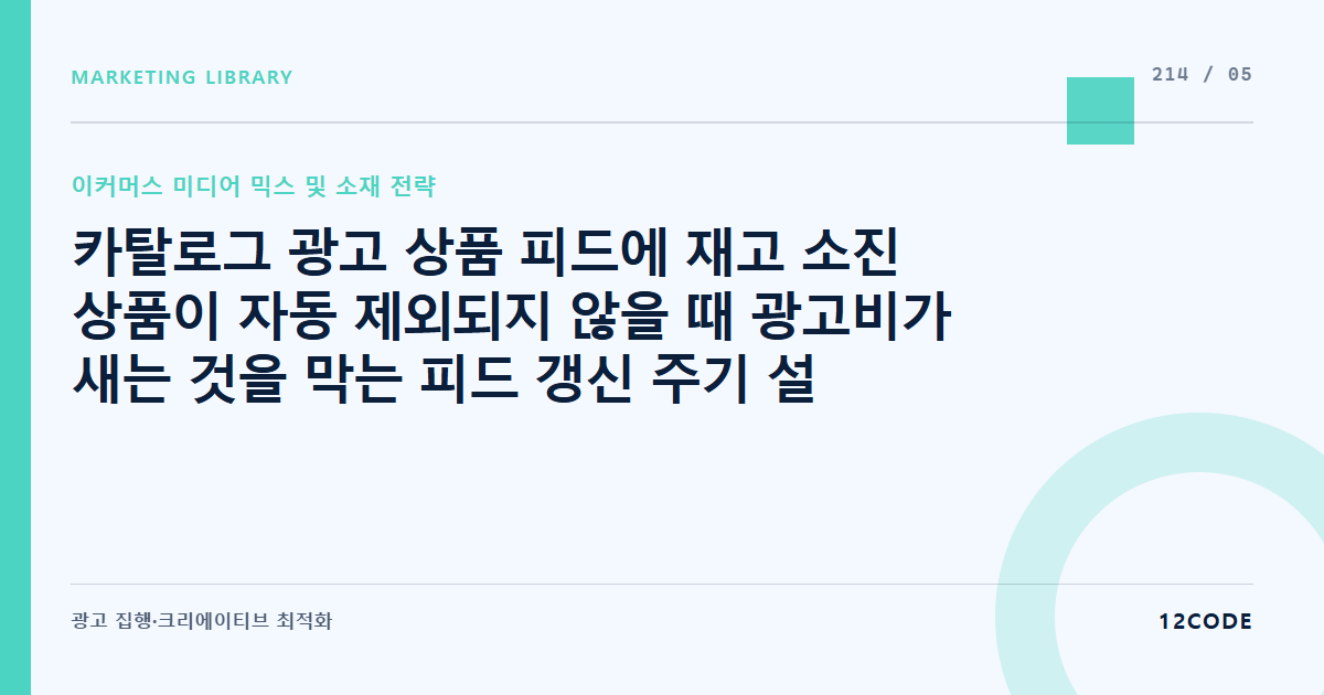 12code 라이브러리 아티클 표지. 카탈로그 광고 상품 피드에 재고 소진 상품이 자동 제외되지 않을 때 광고비가 새는 것을 막는 피드 갱신 주기 설정