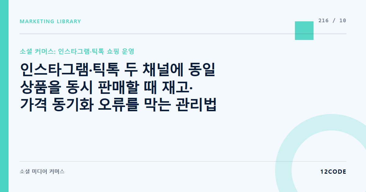 12code 라이브러리 아티클 표지. 인스타그램·틱톡 두 채널에 동일 상품을 동시 판매할 때 재고·가격 동기화 오류를 막는 관리법