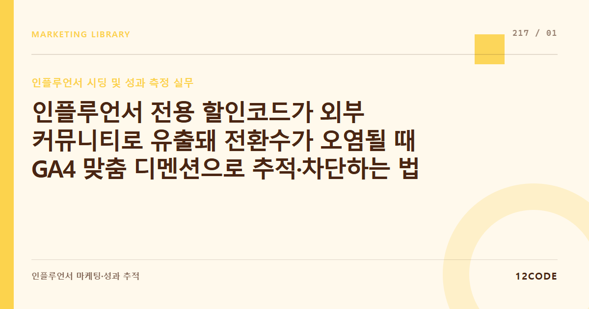 12code 라이브러리 아티클 표지. 인플루언서 전용 할인코드가 외부 커뮤니티로 유출돼 전환수가 오염될 때 GA4 맞춤 디멘션으로 추적·차단하는 법