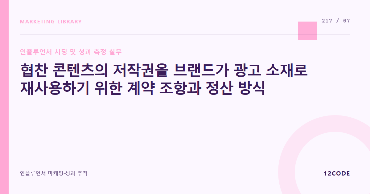 12code 라이브러리 아티클 표지. 협찬 콘텐츠의 저작권을 브랜드가 광고 소재로 재사용하기 위한 계약 조항과 정산 방식