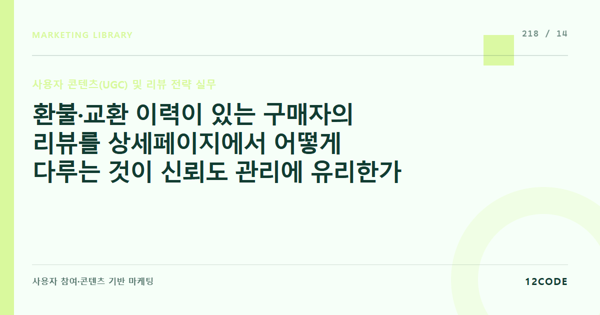 12code 라이브러리 아티클 표지. 환불·교환 이력이 있는 구매자의 리뷰를 상세페이지에서 어떻게 다루는 것이 신뢰도 관리에 유리한가