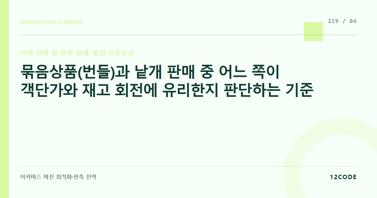 12code 라이브러리 아티클 표지. 묶음상품(번들)과 낱개 판매 중 어느 쪽이 객단가와 재고 회전에 유리한지 판단하는 기준