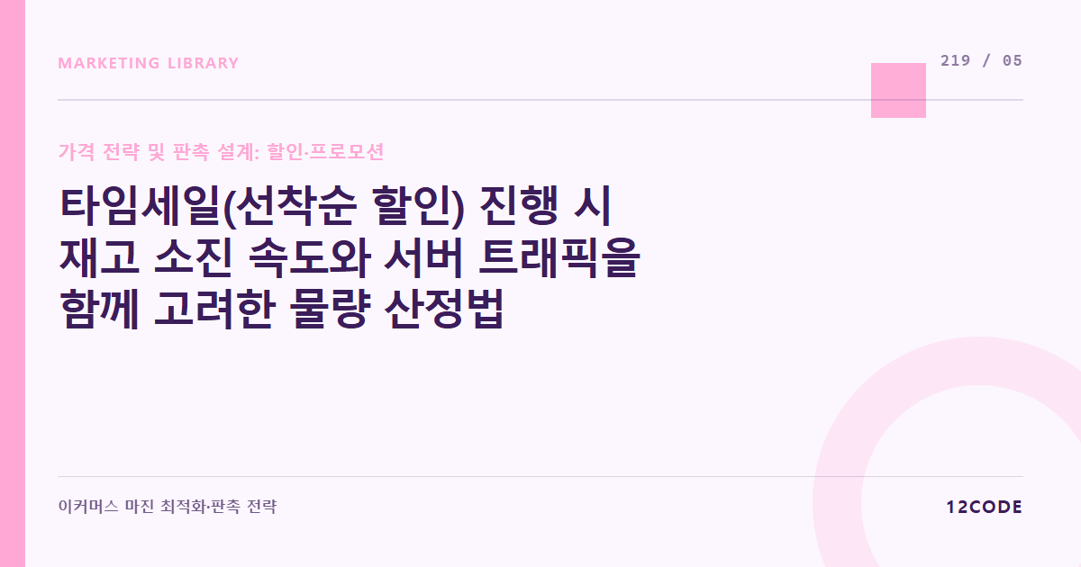12code 라이브러리 아티클 표지. 타임세일(선착순 할인) 진행 시 재고 소진 속도와 서버 트래픽을 함께 고려한 물량 산정법