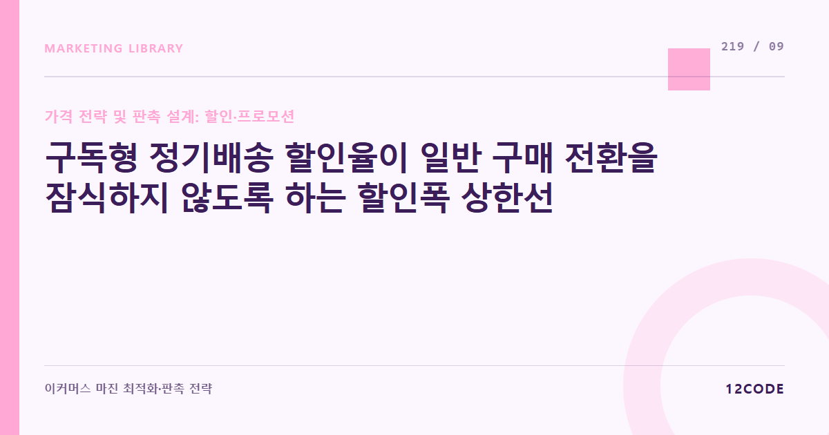 12code 라이브러리 아티클 표지. 구독형 정기배송 할인율이 일반 구매 전환을 잠식하지 않도록 하는 할인폭 상한선