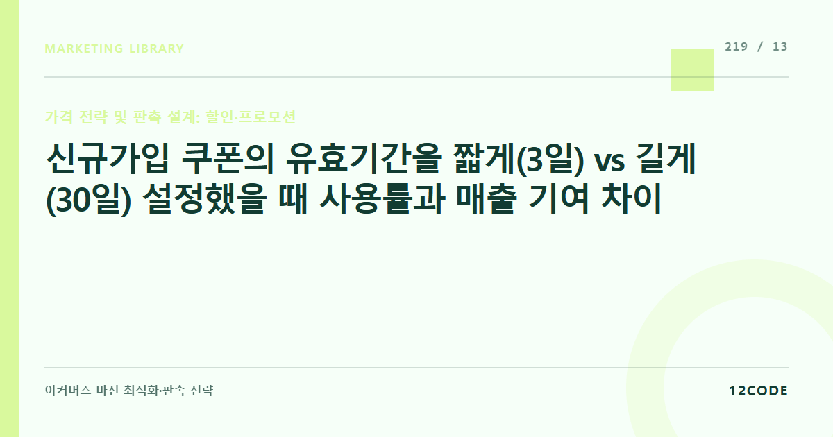 12code 라이브러리 아티클 표지. 신규가입 쿠폰의 유효기간을 짧게(3일) vs 길게(30일) 설정했을 때 사용률과 매출 기여 차이