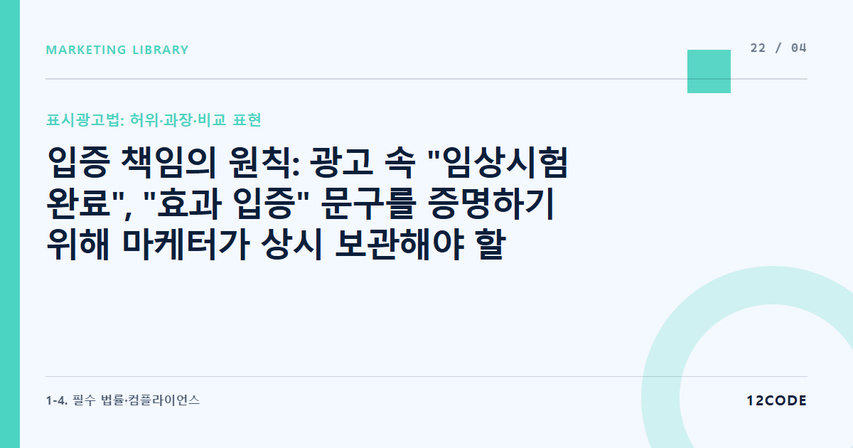 12code 라이브러리 아티클 표지. 입증 책임의 원칙: 광고 속 "임상시험 완료", "효과 입증" 문구를 증명하기 위해 마케터가 상시 보관해야 할 서류들
