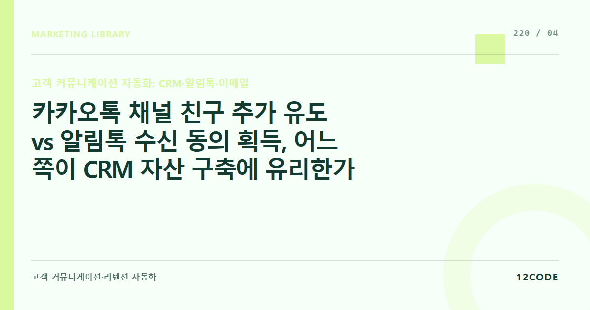 12code 라이브러리 아티클 표지. 카카오톡 채널 친구 추가 유도 vs 알림톡 수신 동의 획득, 어느 쪽이 CRM 자산 구축에 유리한가