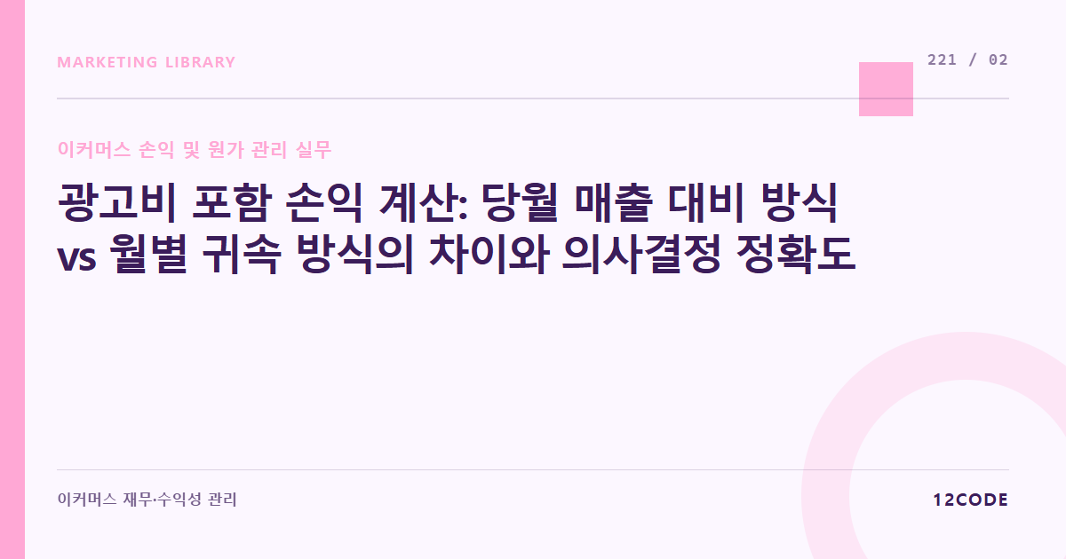 12code 라이브러리 아티클 표지. 광고비 포함 손익 계산: 당월 매출 대비 방식 vs 월별 귀속 방식의 차이와 의사결정 정확도