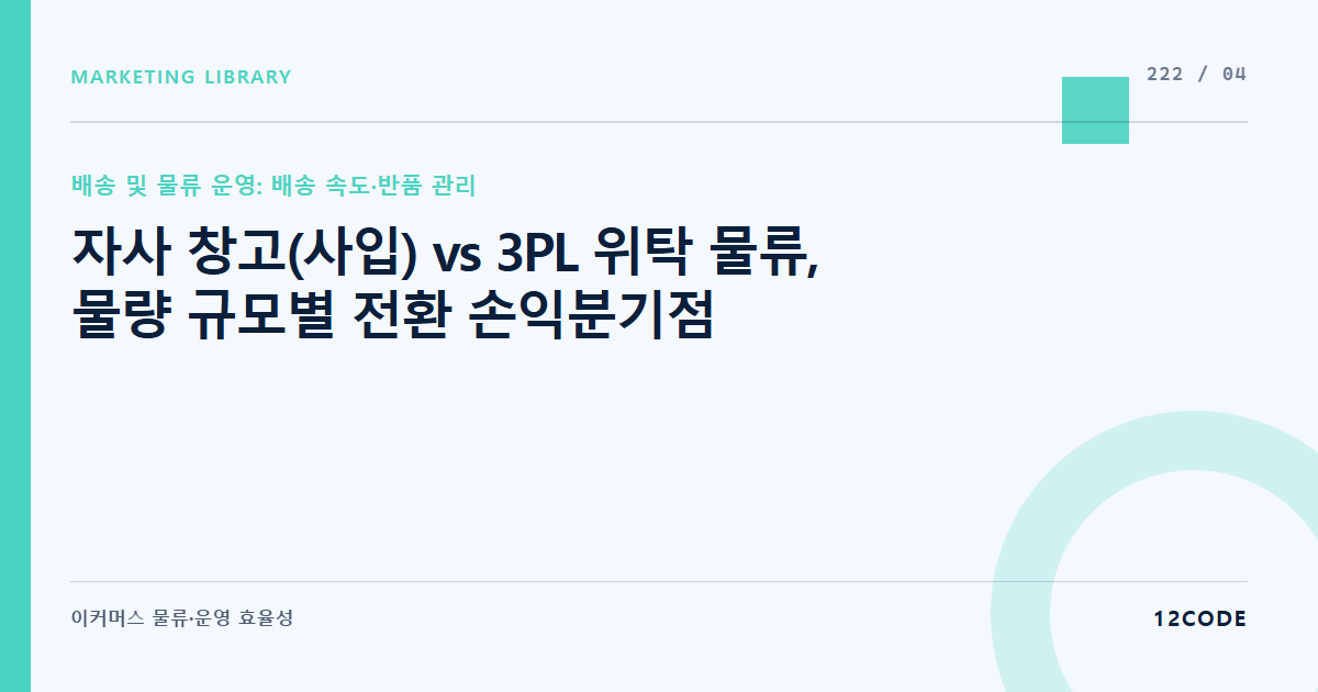 12code 라이브러리 아티클 표지. 자사 창고(사입) vs 3PL 위탁 물류, 물량 규모별 전환 손익분기점