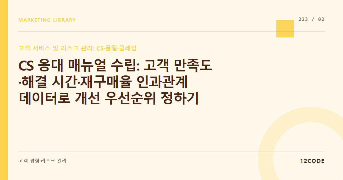 12code 라이브러리 아티클 표지. CS 응대 매뉴얼 수립: 고객 만족도·해결 시간·재구매율 인과관계 데이터로 개선 우선순위 정하기
