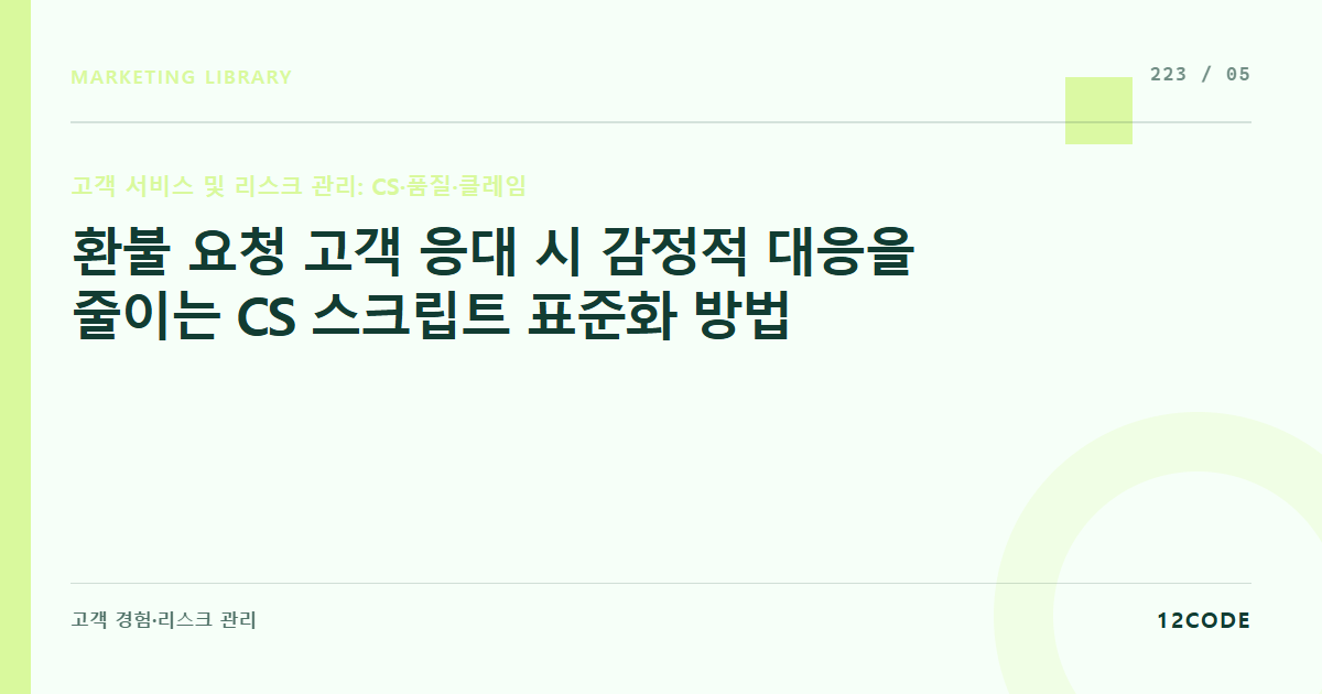 12code 라이브러리 아티클 표지. 환불 요청 고객 응대 시 감정적 대응을 줄이는 CS 스크립트 표준화 방법