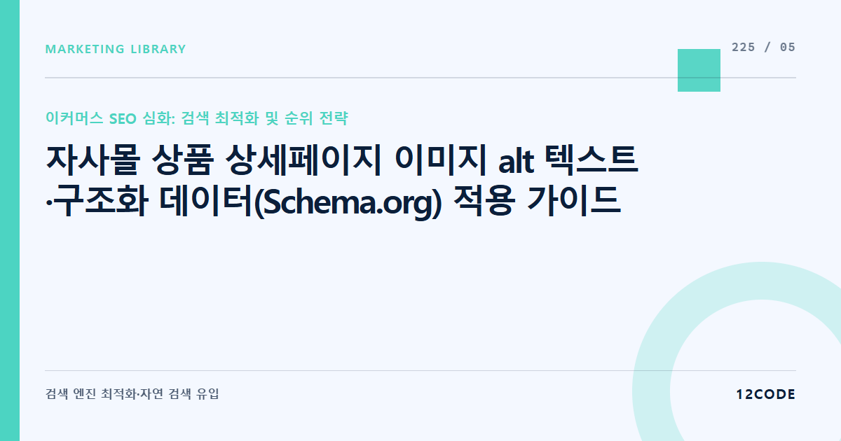 12code 라이브러리 아티클 표지. 자사몰 상품 상세페이지 이미지 alt 텍스트·구조화 데이터(Schema.org) 적용 가이드