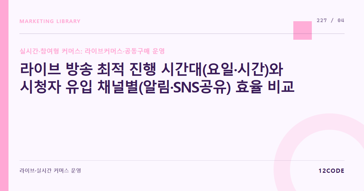 12code 라이브러리 아티클 표지. 라이브 방송 최적 진행 시간대(요일·시간)와 시청자 유입 채널별(알림·SNS공유) 효율 비교