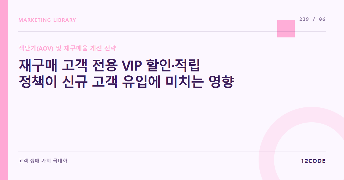 12code 라이브러리 아티클 표지. 재구매 고객 전용 VIP 할인·적립 정책이 신규 고객 유입에 미치는 영향