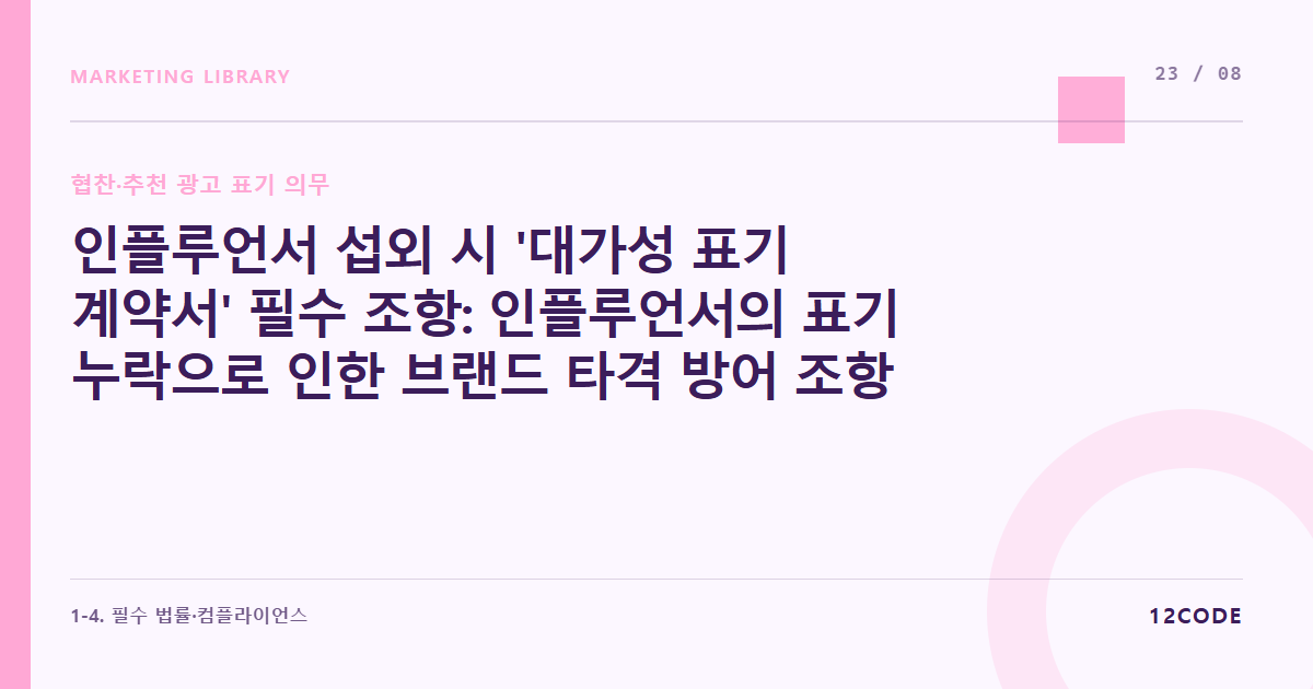 12code 라이브러리 아티클 표지. 인플루언서 섭외 시 '대가성 표기 계약서' 필수 조항: 인플루언서의 표기 누락으로 인한 브랜드 타격 방어 조항 넣기