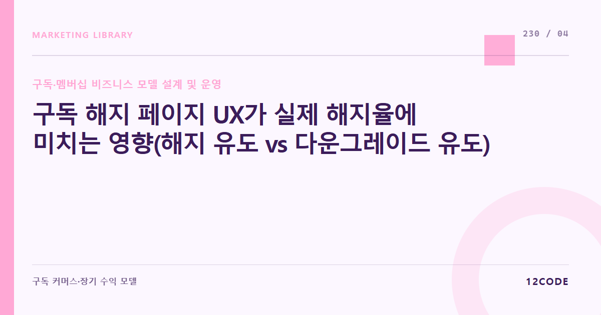 12code 라이브러리 아티클 표지. 구독 해지 페이지 UX가 실제 해지율에 미치는 영향(해지 유도 vs 다운그레이드 유도)
