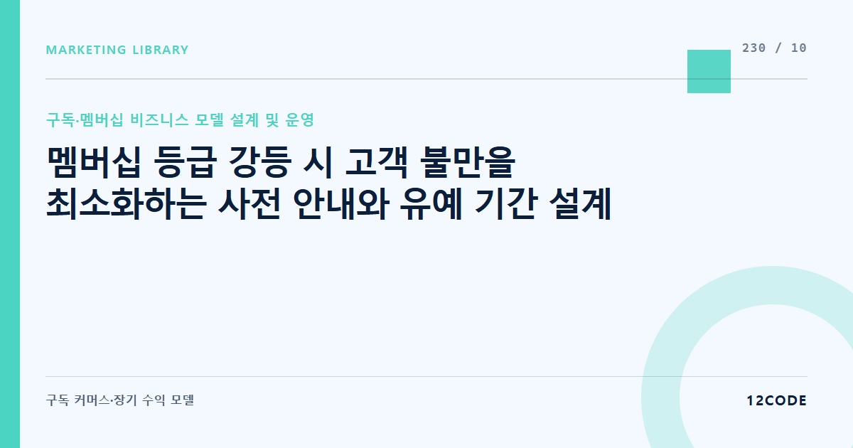 12code 라이브러리 아티클 표지. 멤버십 등급 강등 시 고객 불만을 최소화하는 사전 안내와 유예 기간 설계
