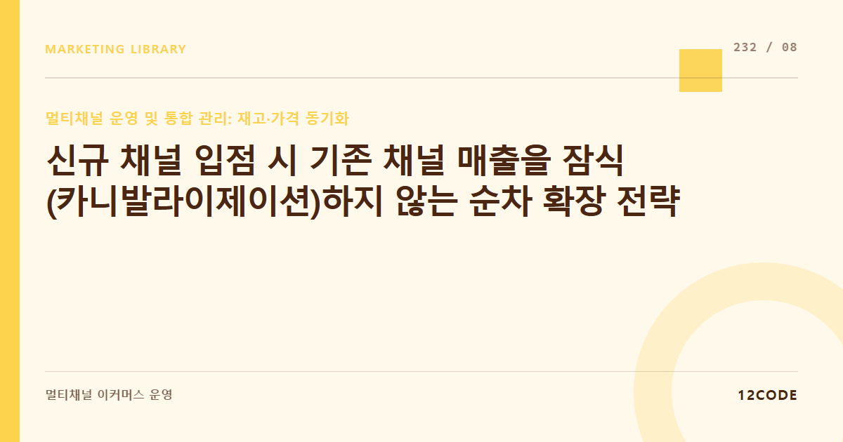 12code 라이브러리 아티클 표지. 신규 채널 입점 시 기존 채널 매출을 잠식(카니발라이제이션)하지 않는 순차 확장 전략