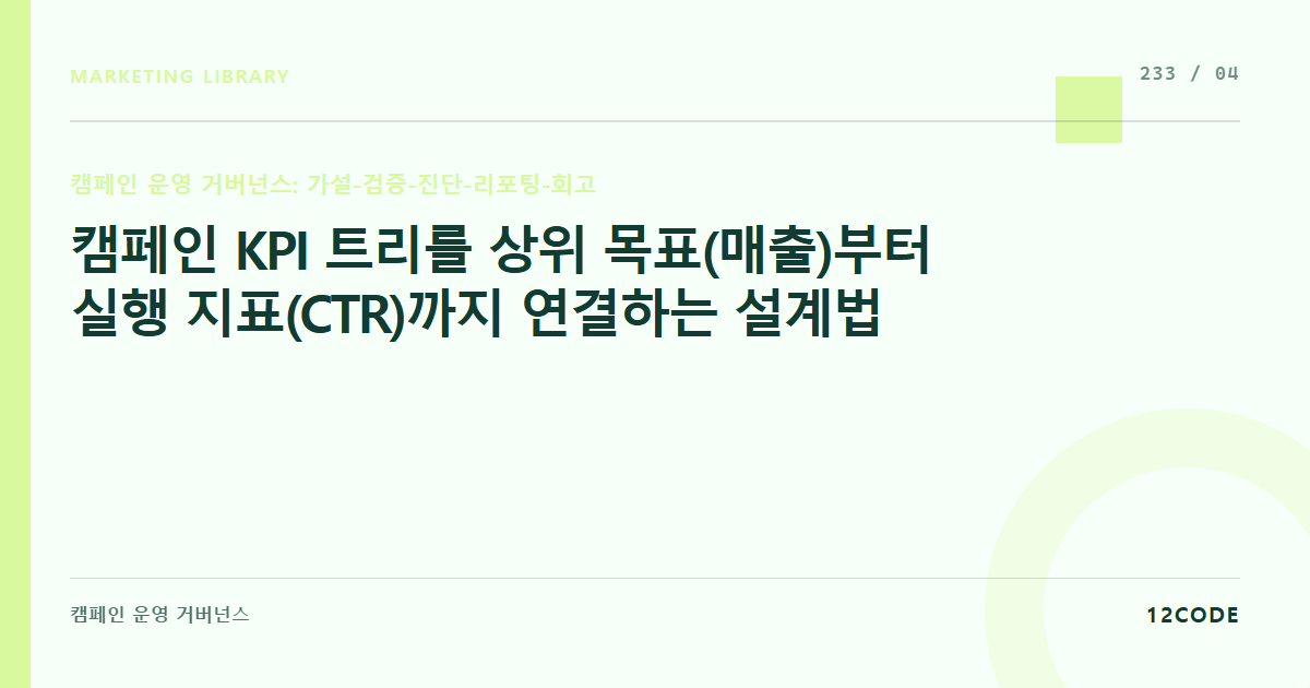 12code 라이브러리 아티클 표지. 캠페인 KPI 트리를 상위 목표(매출)부터 실행 지표(CTR)까지 연결하는 설계법