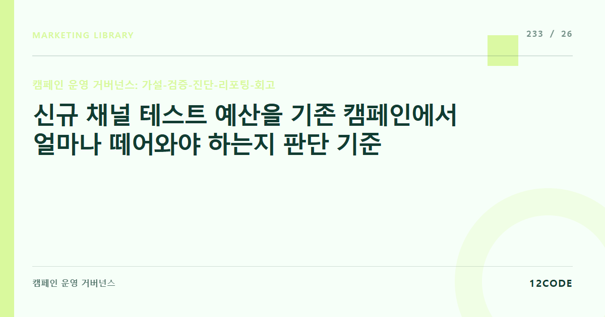 12code 라이브러리 아티클 표지. 신규 채널 테스트 예산을 기존 캠페인에서 얼마나 떼어와야 하는지 판단 기준