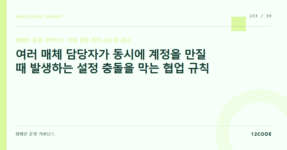 12code 라이브러리 아티클 표지. 여러 매체 담당자가 동시에 계정을 만질 때 발생하는 설정 충돌을 막는 협업 규칙
