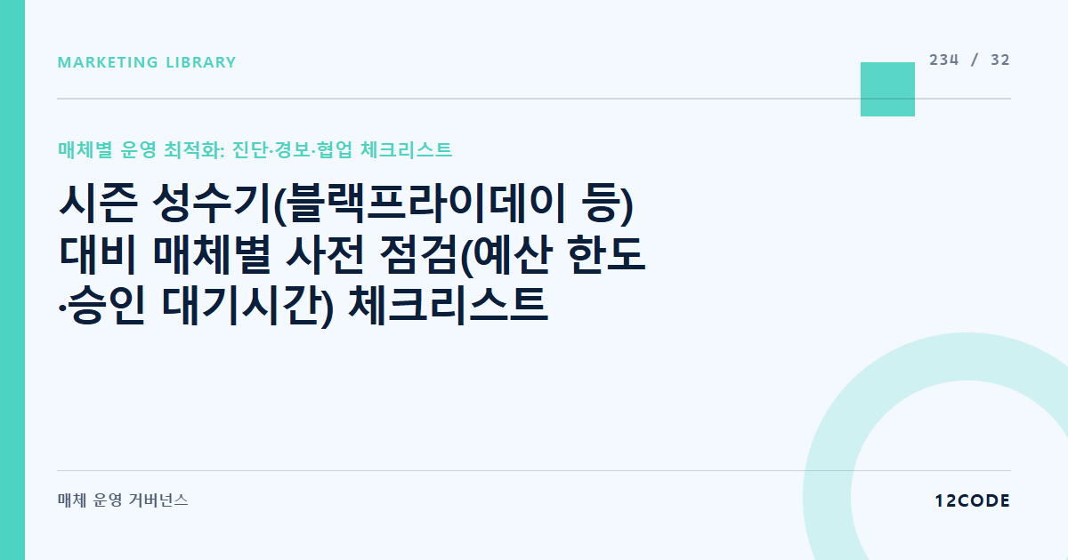 12code 라이브러리 아티클 표지. 시즌 성수기(블랙프라이데이 등) 대비 매체별 사전 점검(예산 한도·승인 대기시간) 체크리스트