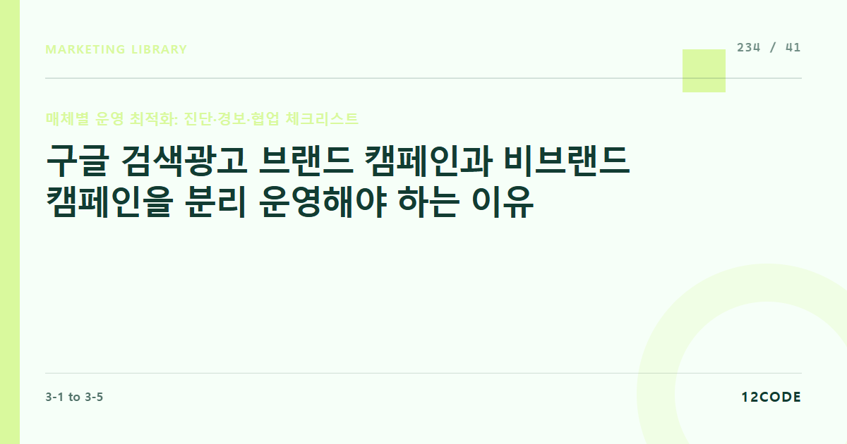 12code 라이브러리 아티클 표지. 구글 검색광고 브랜드 캠페인과 비브랜드 캠페인을 분리 운영해야 하는 이유