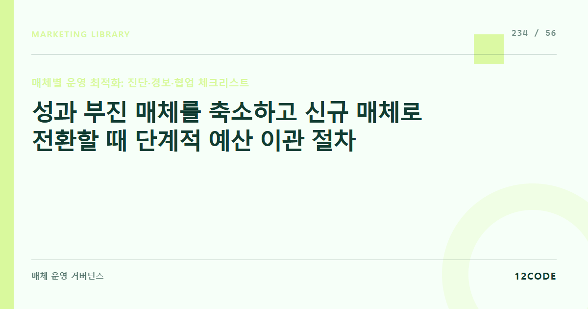 12code 라이브러리 아티클 표지. 성과 부진 매체를 축소하고 신규 매체로 전환할 때 단계적 예산 이관 절차