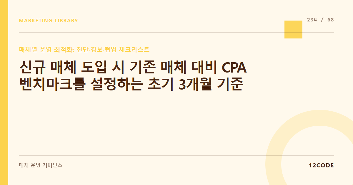 12code 라이브러리 아티클 표지. 신규 매체 도입 시 기존 매체 대비 CPA 벤치마크를 설정하는 초기 3개월 기준